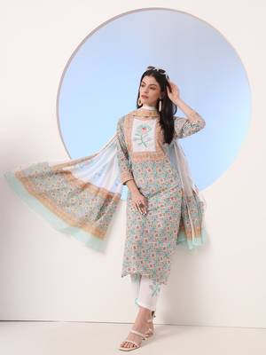  white and blue cotton straight kurta pant dupatta set 2