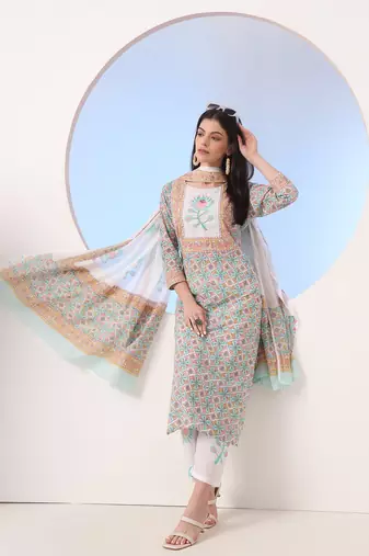  white and blue cotton straight kurta pant dupatta set