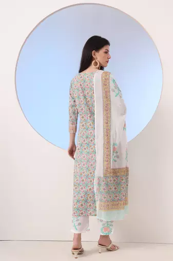  white and blue cotton straight kurta pant dupatta set