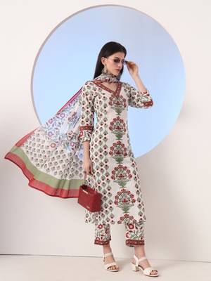  white and green cotton,sequins work straight kurta pant dupatta set 2