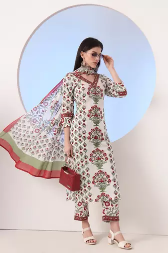  white and green cotton,sequins work straight kurta pant dupatta set