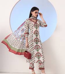 white and green cotton,sequins work straight kurta pant dupatta set