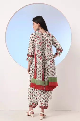  white and green cotton,sequins work straight kurta pant dupatta set