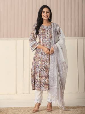  beige cotton geometric print anarkali kurta pant dupatta set 1