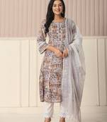  beige cotton geometric print anarkali kurta pant dupatta set