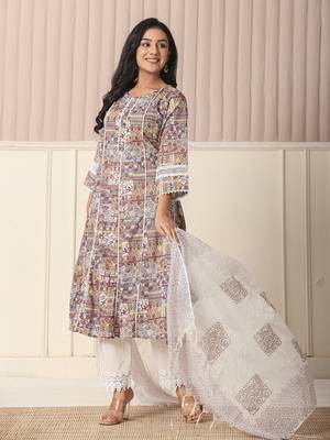  beige cotton geometric print anarkali kurta pant dupatta set 2