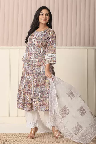 beige cotton geometric print anarkali kurta pant dupatta set