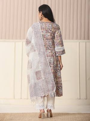  beige cotton geometric print anarkali kurta pant dupatta set 3