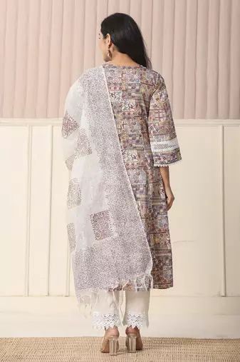  beige cotton geometric print anarkali kurta pant dupatta set