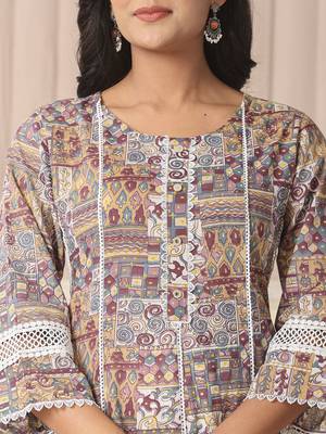 beige cotton geometric print anarkali kurta pant dupatta set 4