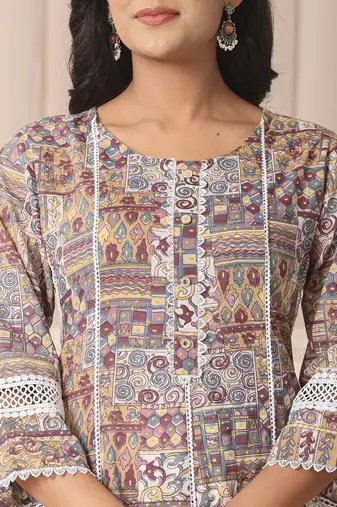  beige cotton geometric print anarkali kurta pant dupatta set