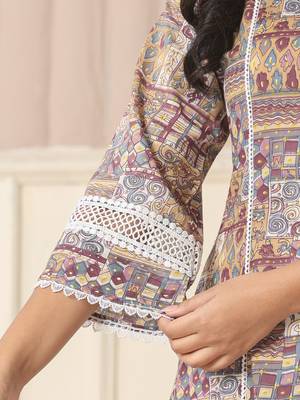  beige cotton geometric print anarkali kurta pant dupatta set 5