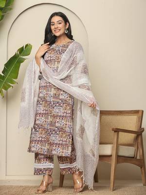  beige cotton geometric print straight kurta pant dupatta set 1