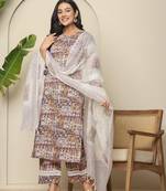  beige cotton geometric print straight kurta pant dupatta set