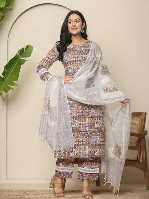  beige cotton geometric print straight kurta pant dupatta set 2