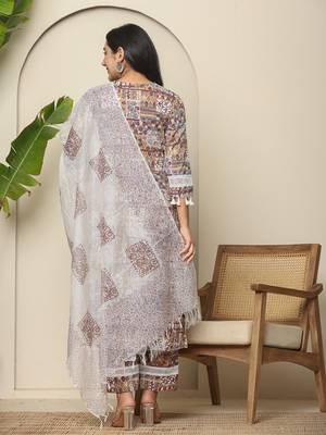  beige cotton geometric print straight kurta pant dupatta set 3