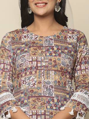  beige cotton geometric print straight kurta pant dupatta set 4