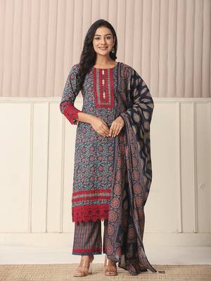  blue cotton floral print kurta dupatta set with lace detailing 1