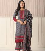  blue cotton floral print kurta dupatta set with lace detailing