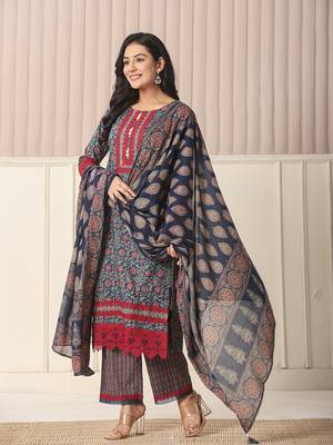  blue cotton floral print kurta dupatta set with lace detailing 2