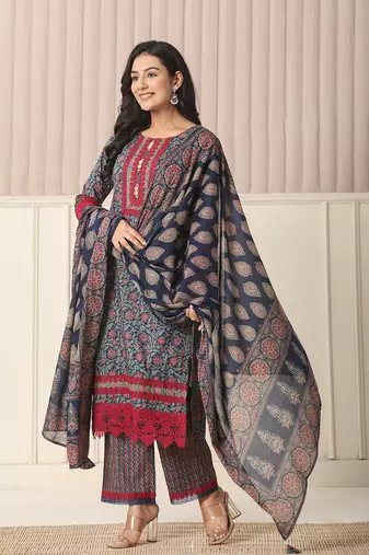  blue cotton floral print kurta dupatta set with lace detailing