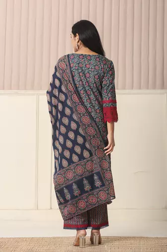  blue cotton floral print kurta dupatta set with lace detailing