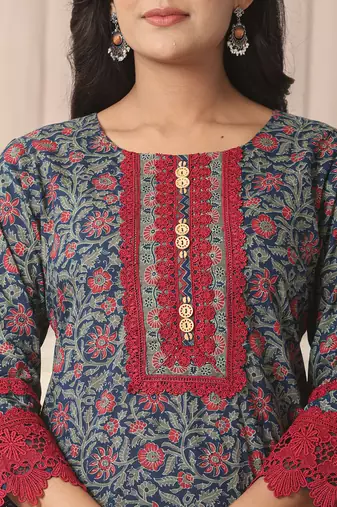  blue cotton floral print kurta dupatta set with lace detailing