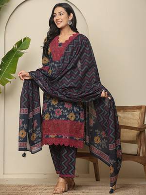  navy blue cotton kurta dupatta set with lace detailing 1