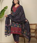  navy blue cotton kurta dupatta set with lace detailing