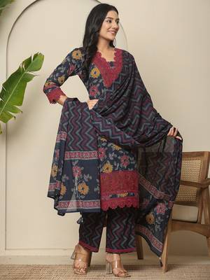  navy blue cotton kurta dupatta set with lace detailing 2