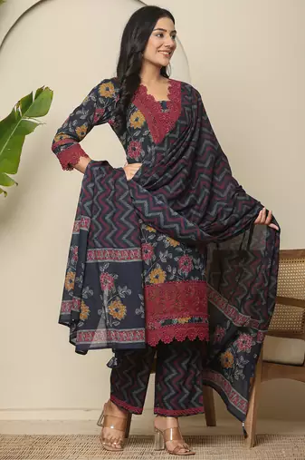  navy blue cotton kurta dupatta set with lace detailing