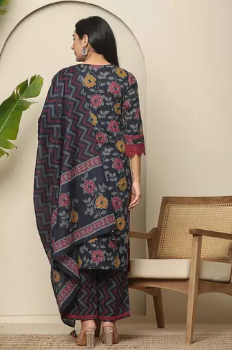  navy blue cotton kurta dupatta set with lace detailing