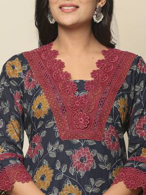  navy blue cotton kurta dupatta set with lace detailing 4