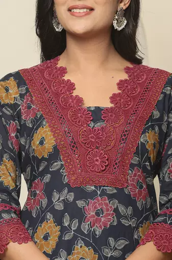  navy blue cotton kurta dupatta set with lace detailing