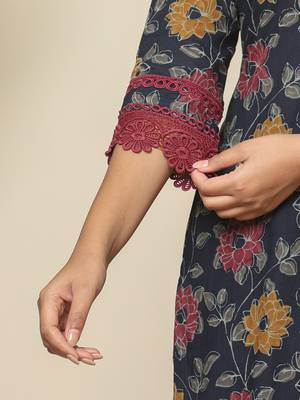  navy blue cotton kurta dupatta set with lace detailing 5