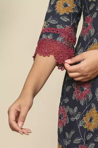  navy blue cotton kurta dupatta set with lace detailing