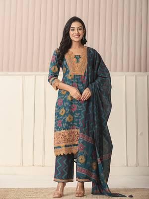  cotton teal blue kurta dupatta set with lace detailing 1