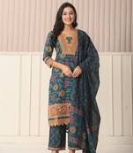  cotton teal blue kurta dupatta set with lace detailing