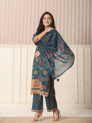  cotton teal blue kurta dupatta set with lace detailing 2