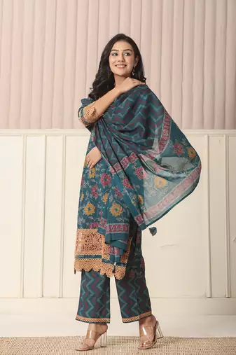  cotton teal blue kurta dupatta set with lace detailing