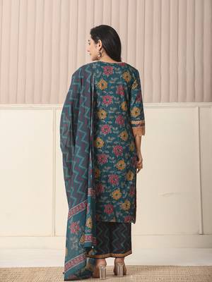  cotton teal blue kurta dupatta set with lace detailing 3