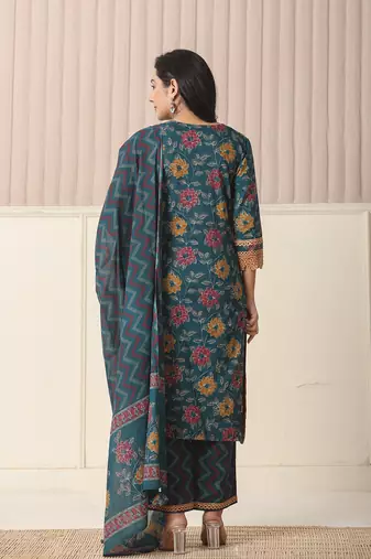  cotton teal blue kurta dupatta set with lace detailing