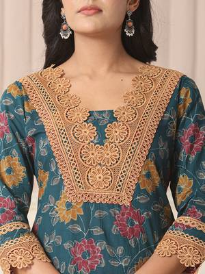  cotton teal blue kurta dupatta set with lace detailing 4