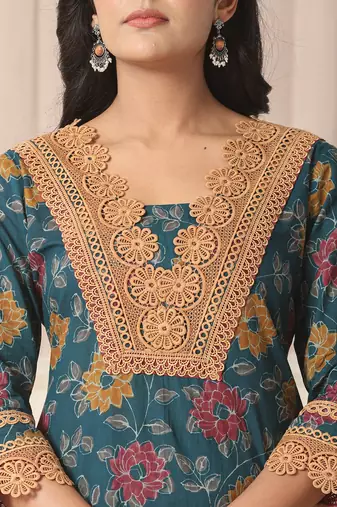  cotton teal blue kurta dupatta set with lace detailing