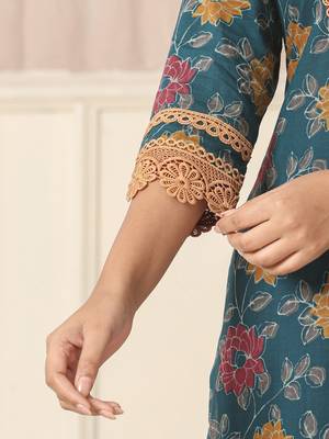  cotton teal blue kurta dupatta set with lace detailing 5