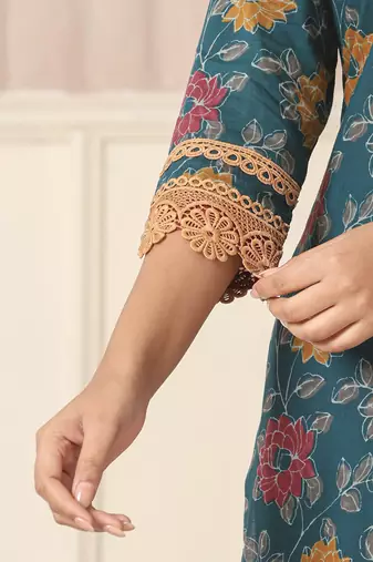  cotton teal blue kurta dupatta set with lace detailing