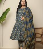  blue pure cotton maternity kurta set with dupatta
