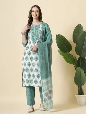  sea green and white cotton cutdana work kurta set with pant & dupatta 1