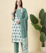  sea green and white cotton cutdana work kurta set with pant & dupatta