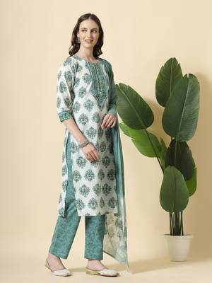  sea green and white cotton cutdana work kurta set with pant & dupatta 2